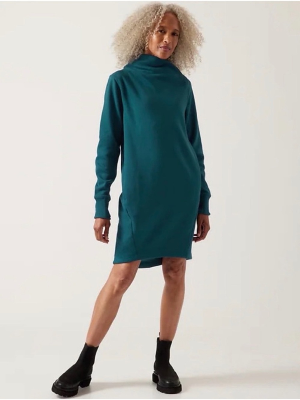 Athleta Cozy Karma Mock Neck Dress Blue Size Medium Soft Lounge Tunic Dress